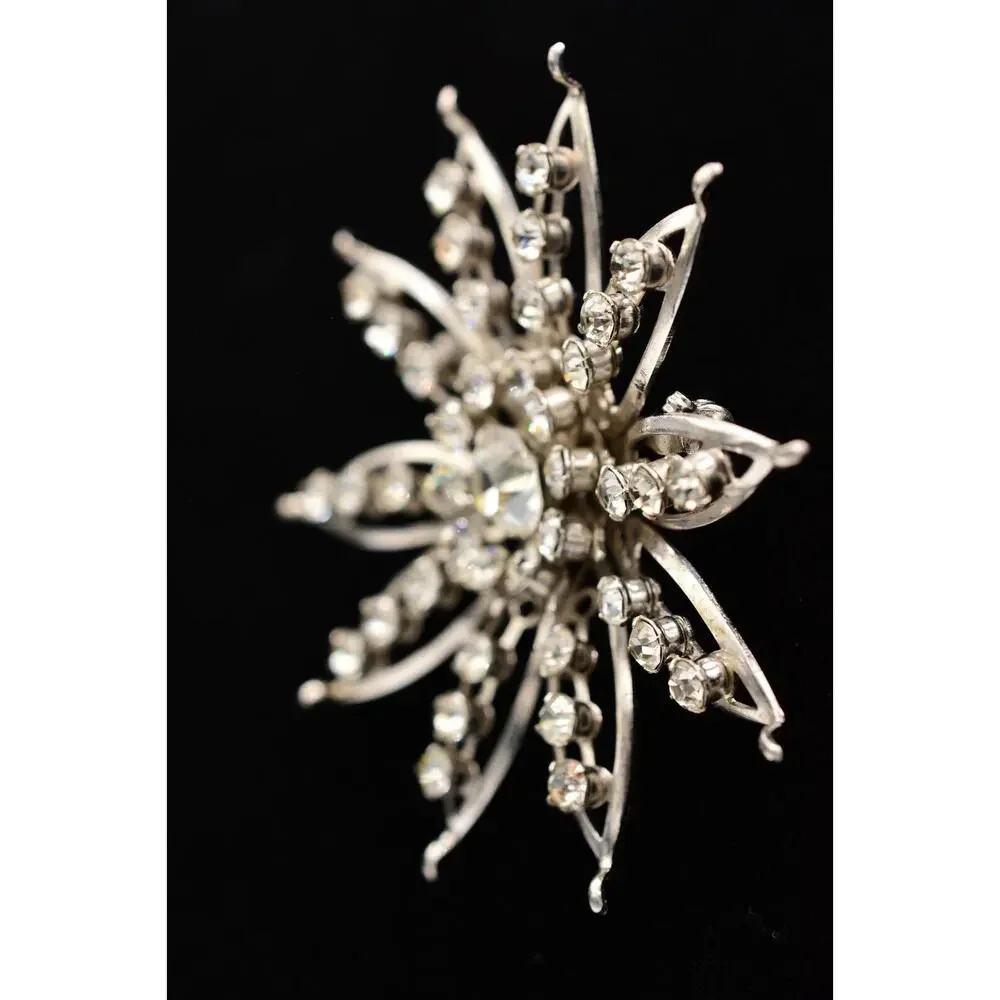 Vintage Crystal Flower Pin Brooch Baguette Prong Rhinestone Silver 1960s BinAL